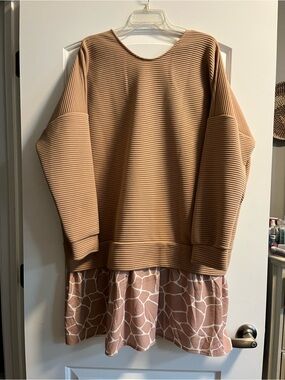ASOS Ribbed Camel Crewneck Sweater Dress with Printed Hem